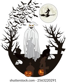 Scary Ghost In Cemetery Halloween Vector