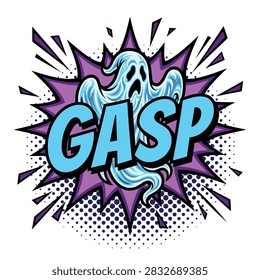 Scary ghost character with word gasp inside purple comic book style explosion burst speech bubble halftone graphic