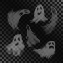 Scary Ghost Characters Set With Different Face Expressions, Isolated On Transparent Background. Halloween Celebration Vector Illustration.