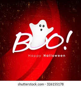 Scary ghost coming out from stylish text Boo on grungy red background for Happy Halloween Party celebration. 