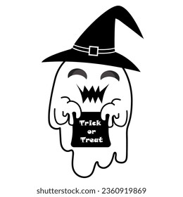 Scary ghost with cute happy face and saying trick or treat to you. 