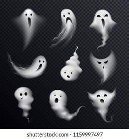 Scary-Geist-Emotionen-Symbole gesetzt mit realistisch lustig gedünstetem Rauch gebildet Spooks dunkeltransparenter Hintergrund Vektorgrafik 