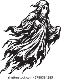 Scary Ghost Figure in Hooded Cloak Vector Illustration