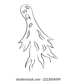A scary ghost flies. Simple linear illustration in doodle style. Sketch of a mystical poltergeist creature. Clipart for design of cards, stickers, Halloween decor.