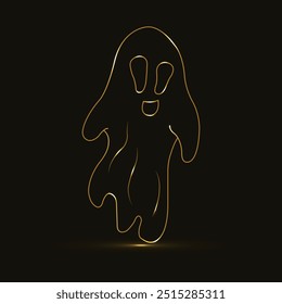 Fantasma assustador. Ouro. Arte em linha. Halloween Ghost. Linha de ouro brilhante. Fantasma engraçado e assustador. Feliz festa de Halloween. Isolado no plano de fundo preto. Fantasma de Halloween desenhado à mão. Ilustração vetorial. Assustador.
