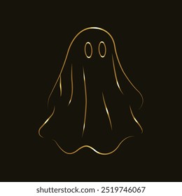 Fantasma assustador. Ouro. Arte em linha. Halloween Ghost. Linha de ouro brilhante. Fantasma engraçado e assustador. Feliz festa de Halloween. Isolado no plano de fundo preto. Fantasma de Halloween desenhado à mão. Ilustração vetorial. Assustador.
