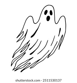 Fantasma de miedo. Halloween ilustración gráfica. Silueta de línea aislada dibujada a mano. Monocromo monstruo espeluznante Clipart para el tatuaje, vacaciones, horror. Criatura mágica nocturna. Clipart en estilo doodle simple.