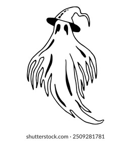 Fantasma de miedo en el sombrero. Halloween ilustración gráfica. Silueta de línea aislada dibujada a mano. Monocromo monstruo espeluznante Clipart para el tatuaje, vacaciones, horror. Criatura mágica nocturna. Estilo Doodle simple.