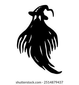 Scary ghost in hat. Halloween graphic illustration. Hand drawn isolated line silhouette. Monochrome creepy monster clipart for invitation, scary holiday. Night magic creature. Simple doodle style.