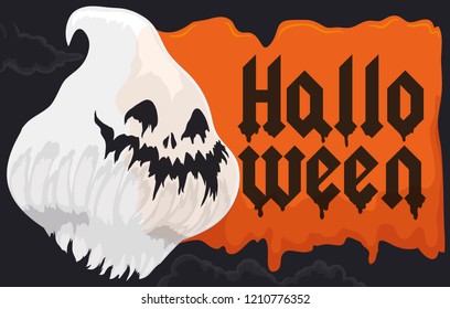 Scary ghost head with spooky eyes and mouth paint with black ink floating over liquid sign in a Halloween cloudy night.