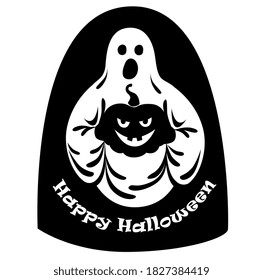 un fantasma aterrador sostiene una calabaza sonriente malvada. Dibujo vectorial en blanco y negro. texto: Feliz Halloween