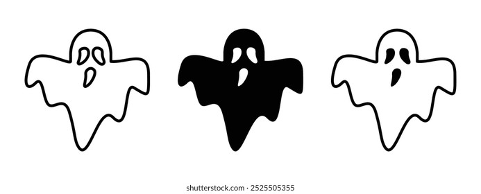 Scary ghost icon. Halloween ghost vector illustration. Evil spirit symbol. Outline horror spook sign. Nightmare pictogram. Creepy anthropomorphic spirit silhouette. Fear concept isolated.