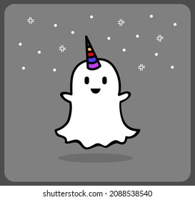 Scary ghost icon with horns. Cute Doodle Ghost in Vector Illustration.