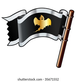 Scary ghost icon on black, silver, and gold vector flag good for use on websites, in print, or on promotional materials