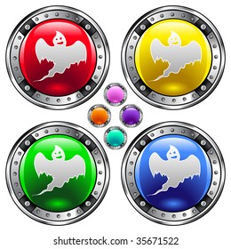 Scary ghost icon on round colorful vector buttons suitable for use on websites, in print materials or in advertisements.  Set includes red, yellow, green, and blue versions.