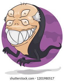 Scary ghost like a grandpa with black body a freaky face with four eyes and fierce smile showing its fangs.