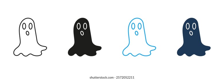 Scary Ghost Line and Silhouette Icon Set. Spooky Halloween Spirit Symbol. Editable Stroke. Isolated Vector Illustration.