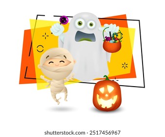 Fantasma de miedo con piruleta y caldero con dulces. Niño en traje de momia y linterna de calabaza cerca. Concepto de Halloween. Ilustración vectorial para invitaciones, carteles o Anuncios