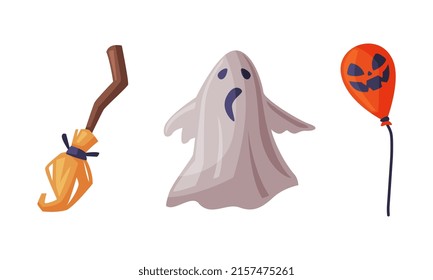 Scary ghost, magic witch broom, scary air balloon. Witchcraft attributes, halloween objects cartoon vector illustration