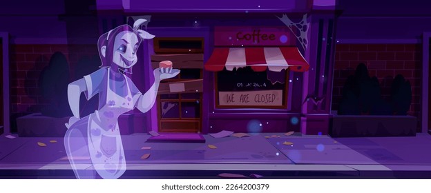 Scary ghost near abandoned coffee shop cartoon game background. Spooky broken city bakery exterior with awning. Vector front view on vintage cafe on messy street. Dirty shopfront near sidewalk.