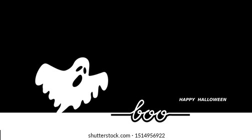 Scary ghost negative black white background illustration. Happy Halloween background, banner. Ghost says boo 