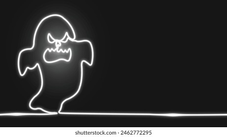 Scary ghost. Neon. Line art. Halloween Ghost. Glowing neon line. Funny and scary ghost. Happy Halloween party. Isolated on black background. Hand Drawn Halloween Ghost. Vector illustration. Editable.