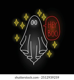 Scary ghost. Neon. Line art. Halloween Ghost with star. Glowing neon line. Funny. Happy Halloween party. Isolated on black background. Hand Drawn Halloween Ghost. Boo. Spooky Vector illustration. 
