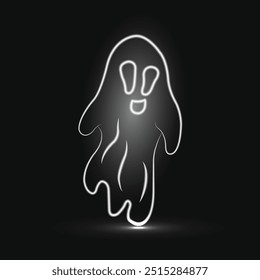 Fantasma assustador. Néon. Arte em linha. Halloween Ghost. Linha de neon brilhante. Fantasma engraçado e assustador. Feliz festa de Halloween. Isolado no plano de fundo preto. Fantasma de Halloween desenhado à mão. Ilustração vetorial. Assustador.