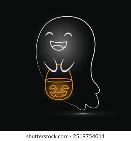 Fantasma assustador. Néon. Arte em linha. Halloween Ghost. Linha de neon brilhante. Fantasma engraçado e assustador. Jack o lanterna. Feliz festa de Halloween. Isolado no plano de fundo preto. Desenhado à Mão. Ilustração vetorial. Assustador.