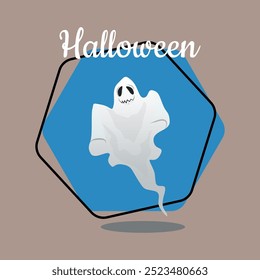 Scary ghost on abstract background. Halloween lettering. Handwritten text, calligraphy. Celebration, party, holiday concept. Vector illustration for poster or banner design