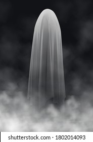 Scary ghost on a dark background in the fog. An evil spirit with a covered sheet. Halloween poster. Vector EPS 10