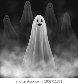 Scary ghost on a dark background in the fog. An evil spirit with a covered sheet. Set of flying transparent spectres. Vector EPS 10