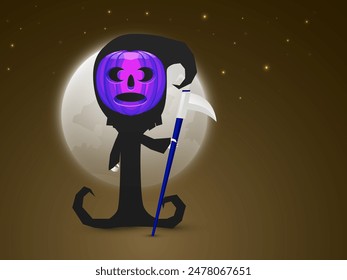 Gruseliger Geist mit Kürbisgesicht, die Axt auf Vollmond-Nacht-Hintergrund für Happy Halloween-Konzept hält.