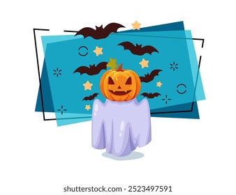 Scary ghost with pumpkin head vector illustration. Flying bats and stars on abstract background. Halloween, celebration, party, holiday concept. Can be used for banner, poster or invitation design