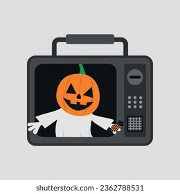 Scary ghost pumpkin from TV. Scary ghost pumpkin comes out of televisor. Halloween vector illustration.