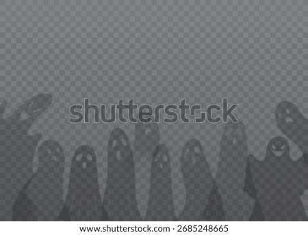 Scary ghost shadows vector transparent background. Cartoon spooky phantom silhouettes, dead soul. Halloween monster specters, poltergeist flying. Mystic spirit apparition creatures