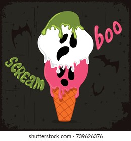 Scary ghost shaped ice cream with flying bats. Halloween celebration theme.