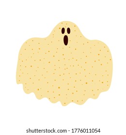 Sospechosa sábana fantasma aislada sobre fondo blanco. Personaje de halloween gritando. Diseño espeluznante para la invitación a la fiesta, tarjeta, afiche. Ilustración vectorial de material.