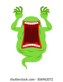 Scary ghost shouts. Horrible wraith frightening screams. Green monster with his mouth open. spook Wild howl. Mysterious phantom. Angry hungry spirit