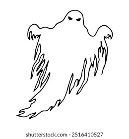 Silhueta fantasma assustadora. Ilustração gráfica de Halloween. Figura de linha isolada desenhada à mão. Monocromático clipart assustador para o design de férias de horror. Criatura mágica noturna. Clipart em estilo de rabiscar simples.