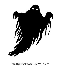 Scary ghost silhouette. Halloween graphic illustration. Hand drawn linear human figure. Night magical creature. Simple doodle style clipart. Monochrome creepy art for horror holiday design.