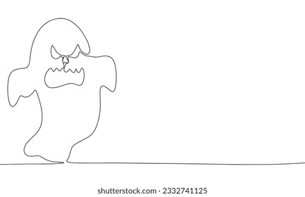 Scary ghost silhouette. One line continuous Halloween banner concept. Line art, outline, minimal vector illustration.