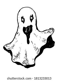 Da miedo el garabato de un solo fantasma. Simple ilustración de vector dibujada a mano. Dibujo de las vacaciones de Halloween aislado en blanco. Esbozo de contorno de tinta negra para diseño, impresiones, tarjeta, decoración, afiche, pegatina.
