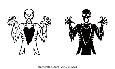 Scary ghost skeleton character illustration with outline and solid black silhouette design