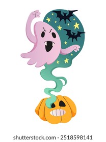 Scary Ghost and terrifying pumpkin. Magical green smoke from pumpkins, stars and bats. Charming spooky spirit flying at holiday night and scares funny. Cartoon spooky character vector illustration.