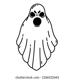 Scary ghost vector icon. Evil spirit with creepy face. Black outline, simple sketch isolated on white. Screaming Halloween poltergeist, flying phantom. Clipart for holiday decorations, web, logo,cards