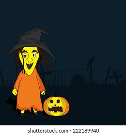 Scary ghost wearing witch hat with pumpkin and silhouette of crow in dangerous night scene. 
