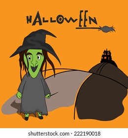 Scary ghost wearing witch hat with hauted house, stylish Halloween text and horn broom on orange background.