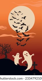 Scary ghosts and bats full moon Halloween night cartoon vector illustration.