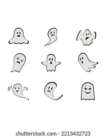 Scary ghosts icon set in flat style.  Halloween ghost icons set isolated on white background. Perfect for coloring book, textiles, icon, web, painting, books, t-shirt.
